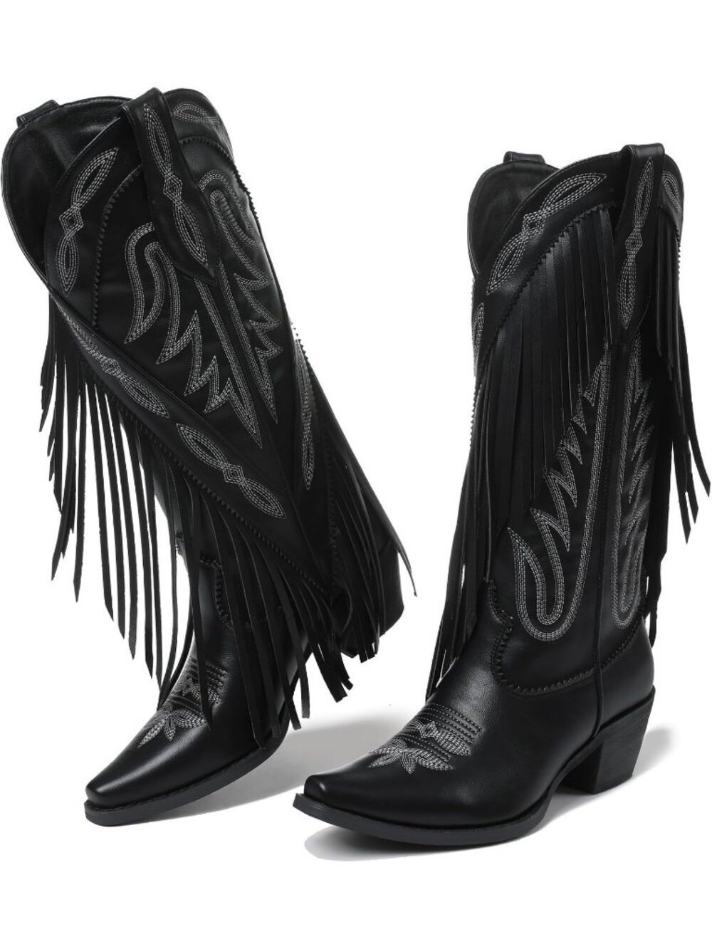Women's Black Retro Pointed Toe Pull On Block Chunky Heel Embroider Cowgirl Boot
